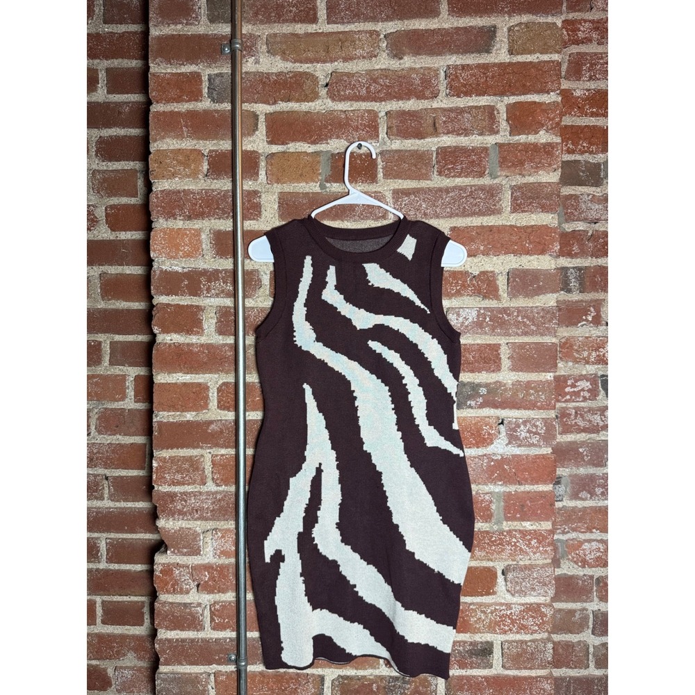 Brown and White Zebra Stripe Cotton Knit Sleeveless Bodycon Mini Dress XL